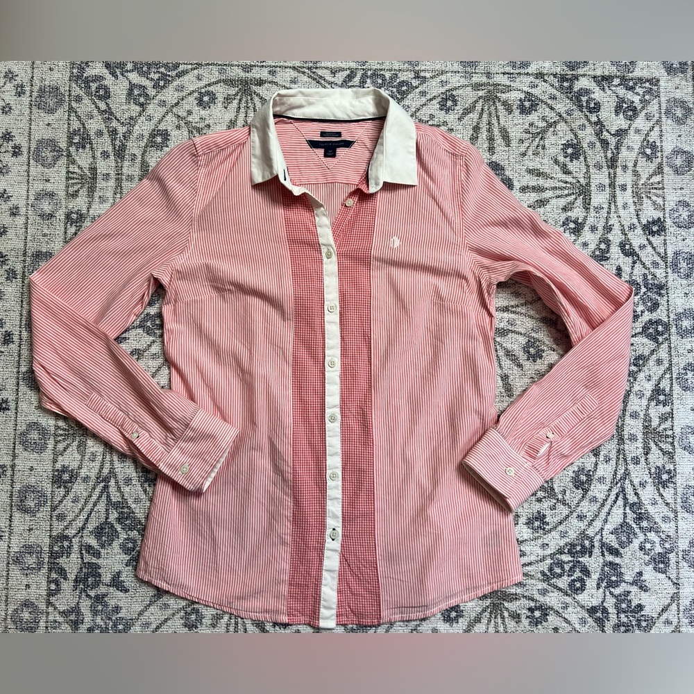 Tommy Hilfiger classic fit striped gingham pink and white cotton button-down top